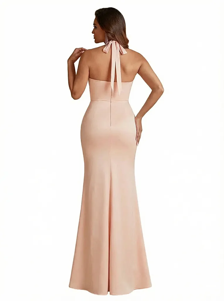 Sexy Halter Neck Side Slit Mermaid Ruched Satin Long Formal Dresses For Women sold by ChicSew product image thumbnail 2