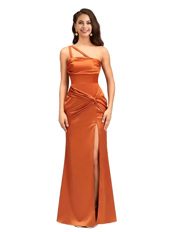 Sexy One Shoulder Twist Knot Ruched Satin Mermaid Long Formal Dresses For Women Side Slit sold by ChicSew