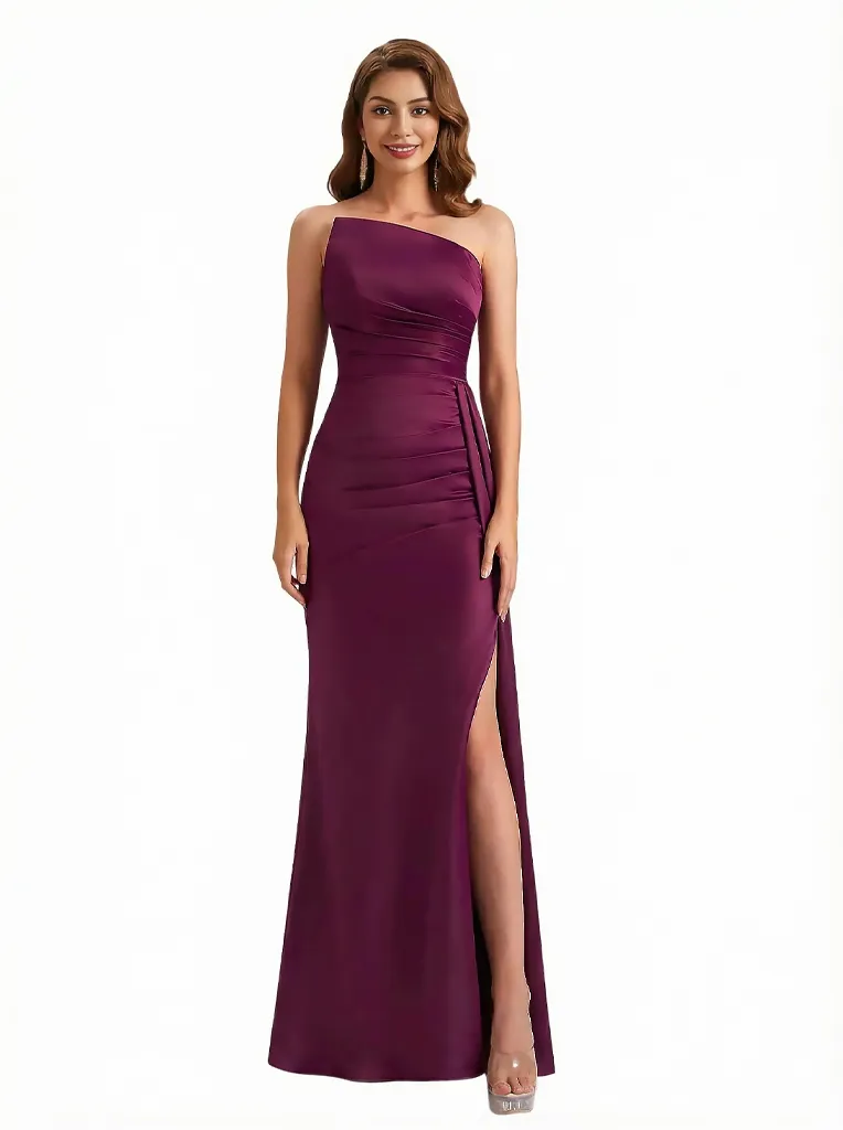 Trendy Strapless Asymmetrical Silky Satin Mermaid Long Evening Formal Dresses Side Slit sold by ChicSew
