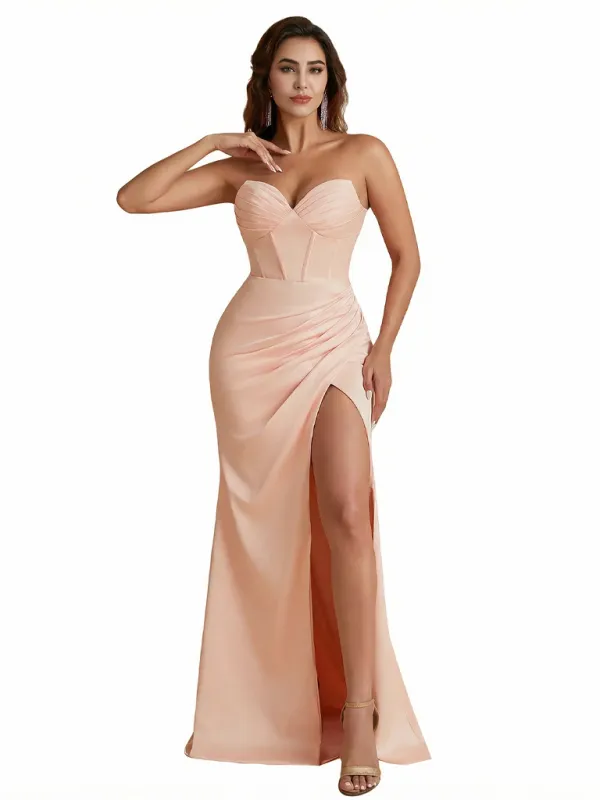 Elegant Sweetheart Strapless Mermaid Ruched Satin Long Formal Dresses Side Slit sold by ChicSew