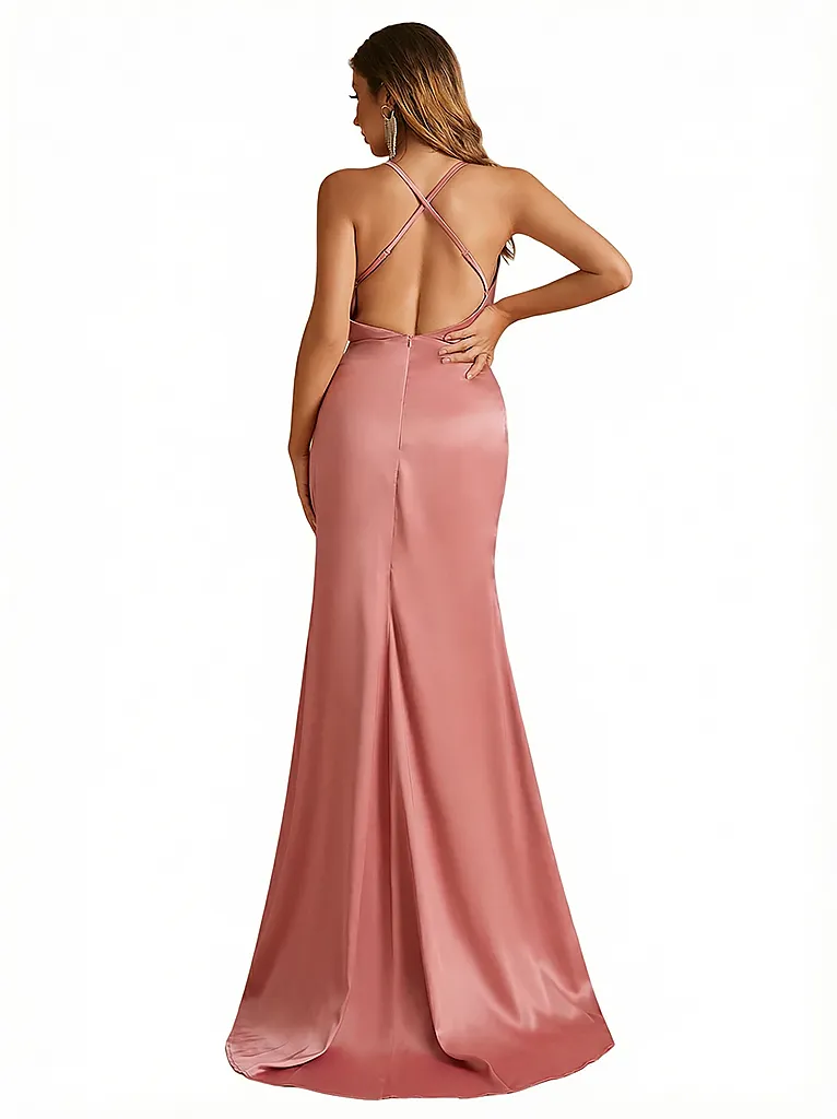 Women's Sexy Cowl Neck Silky Satin Criss Cross Long Evening Formal Dresses Side Slit sold by ChicSew product image thumbnail 2