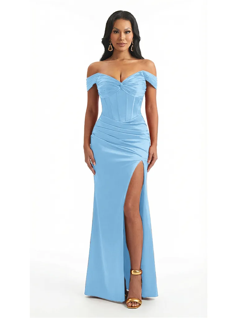 Sexy Off The Shoulder Ruched Satin Mermaid Long Evening Formal Dresses With Side Slit Boning sold by ChicSew product image thumbnail 4