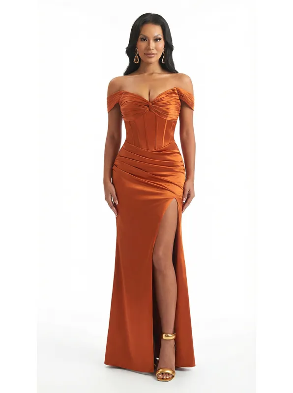 Sexy Off The Shoulder Ruched Satin Mermaid Long Evening Formal Dresses With Side Slit Boning sold by ChicSew