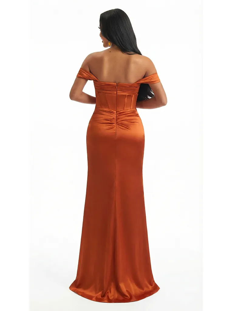 Sexy Off The Shoulder Ruched Satin Mermaid Long Evening Formal Dresses With Side Slit Boning sold by ChicSew product image thumbnail 2