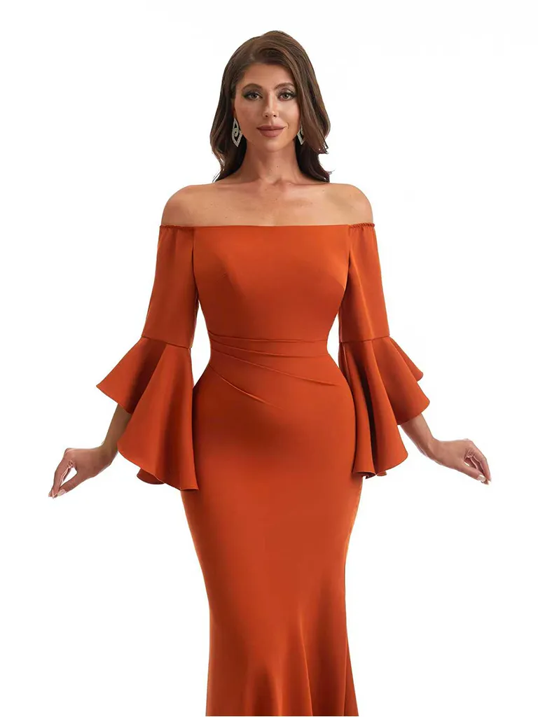 Elegant Bell Sleeves Off The Shoulder Mermaid Stretchy Crepe Long Evening Formal Dress sold by ChicSew product image thumbnail 2