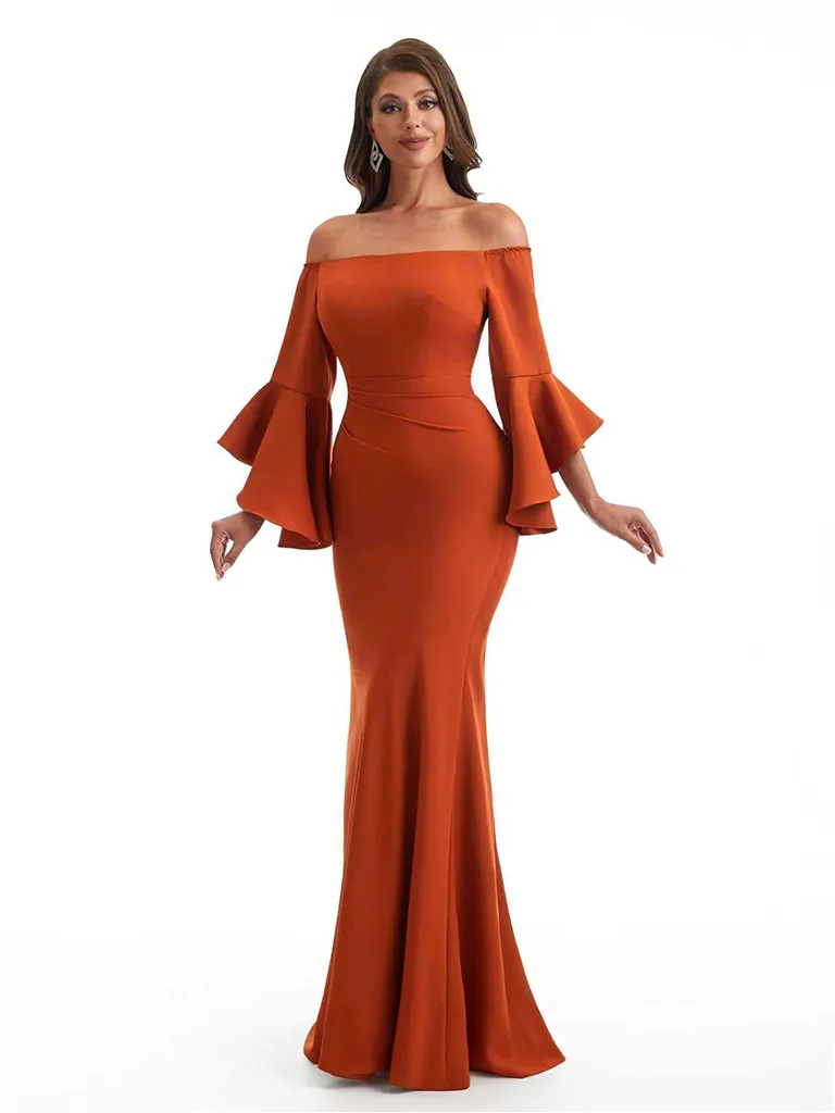 Elegant Bell Sleeves Off The Shoulder Mermaid Stretchy Crepe Long Evening Formal Dress sold by ChicSew product image thumbnail 5