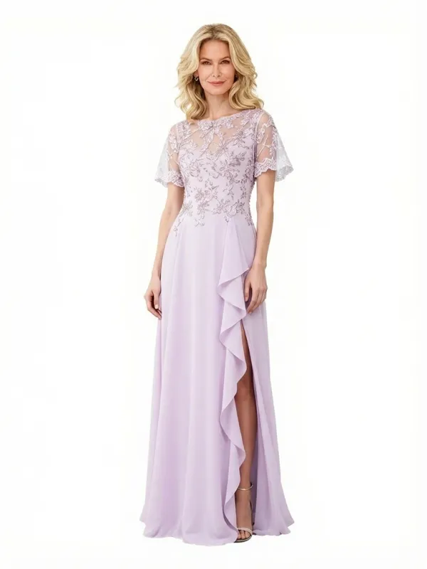 Elegant Lace Applique A-line Side Slit Ruffle Chiffon Long Mother of the Bride Dresses sold by ChicSew