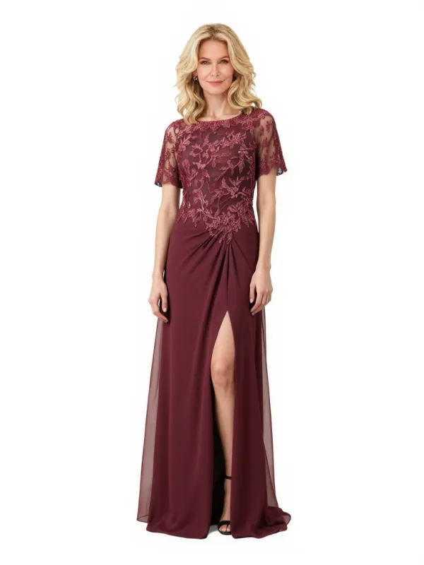 Elegant Side Slit A-Line Lace Applique Short Sleeves Chiffon Long Mother Of The Bride Dresses sold by ChicSew