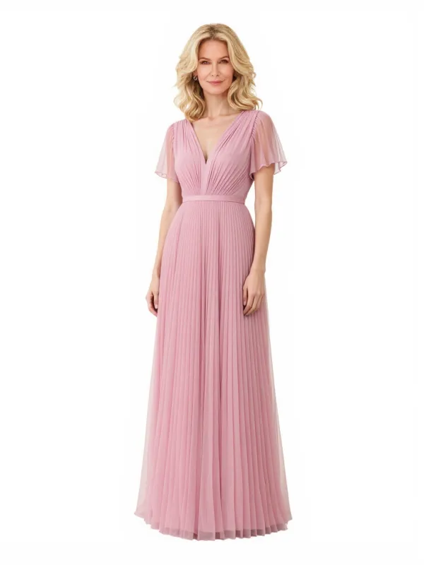 Elegant V-Neck A-Line Pleated Flutter Sleeves Chiffon Long Mother Of The Bride Dresses sold by ChicSew