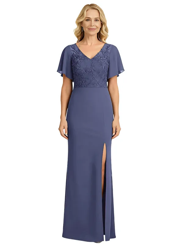 Elegant V-neck Flutter Sleeves Chiffon Mother of the Brides Dresses Side Slit sold by ChicSew