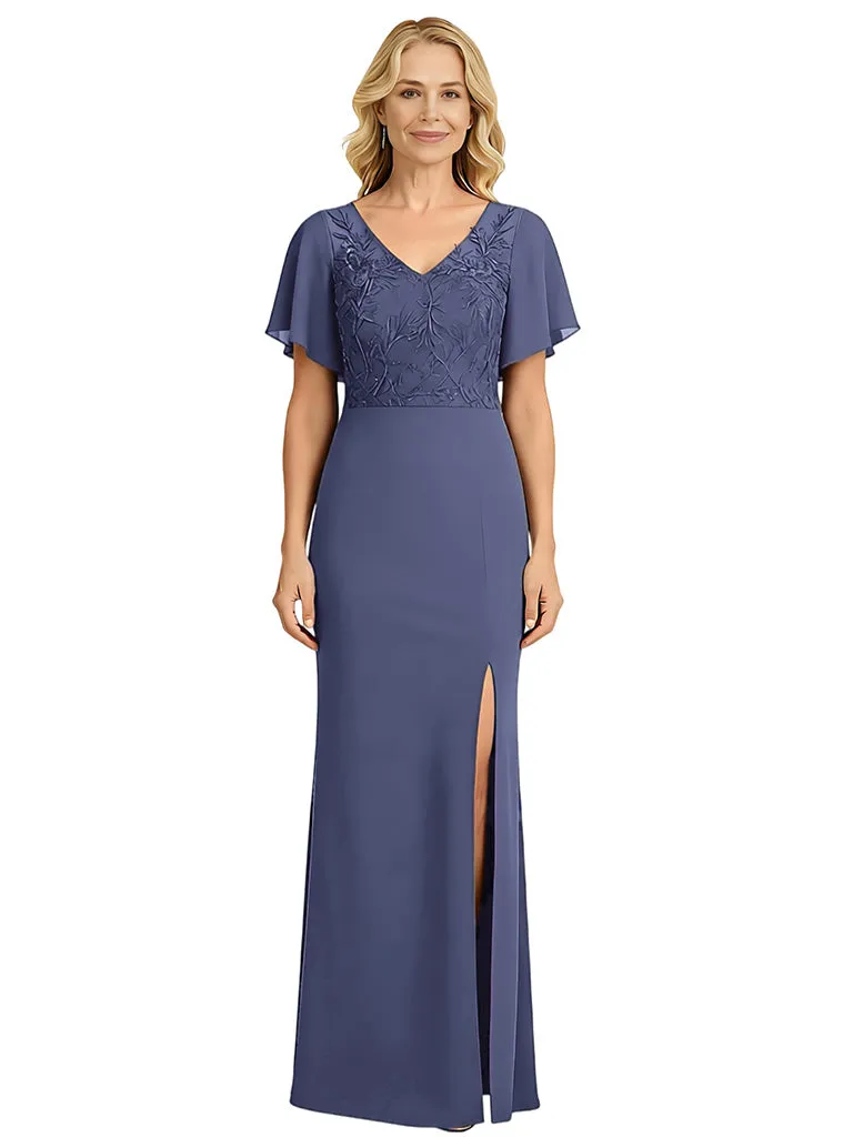 Elegant V-neck Flutter Sleeves Chiffon Mother of the Brides Dresses Side Slit sold by ChicSew