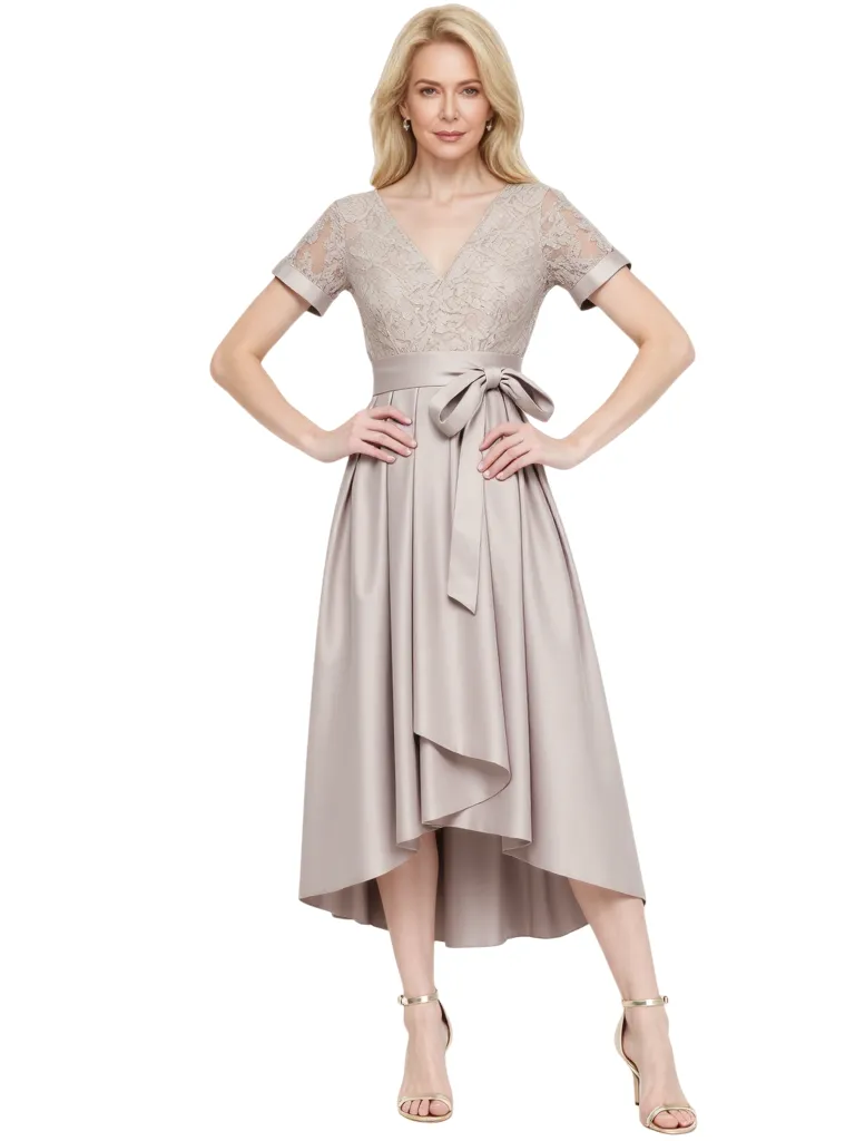 Elegant Short Sleeves Lace Satin High Low Mother of the Brides Dresses sold by ChicSew