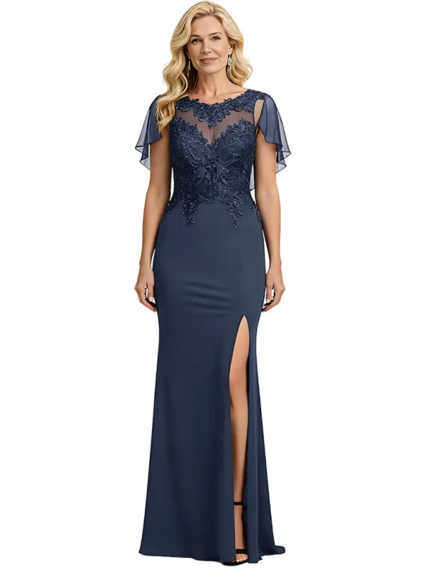 Elegant Lace Mermaid Chiffon Flutter Sleeve Mother of the Brides Dresses Side Slit sold by ChicSew