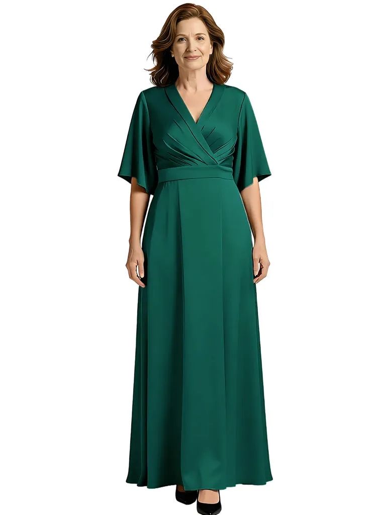Elegant V-neck Flutter Sleeves Satin Long Mother of the Brides Dresses sold by ChicSew