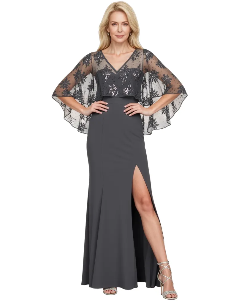 Elegant Cape Sleeve Mermaid Crepe Long Mother of the Brides Dresses Side Slit sold by ChicSew