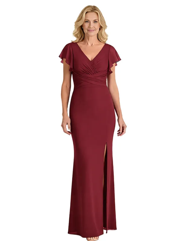 Elegant V-neck Flutter Sleeves Mermaid Chiffon Mother of the Brides Dresses Side Slit sold by ChicSew