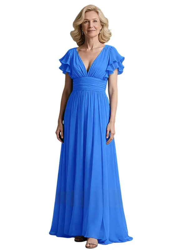 Elegant V-neck Flutter Sleeves A-line Chiffon Pleats Mother of the Brides Dresses sold by ChicSew
