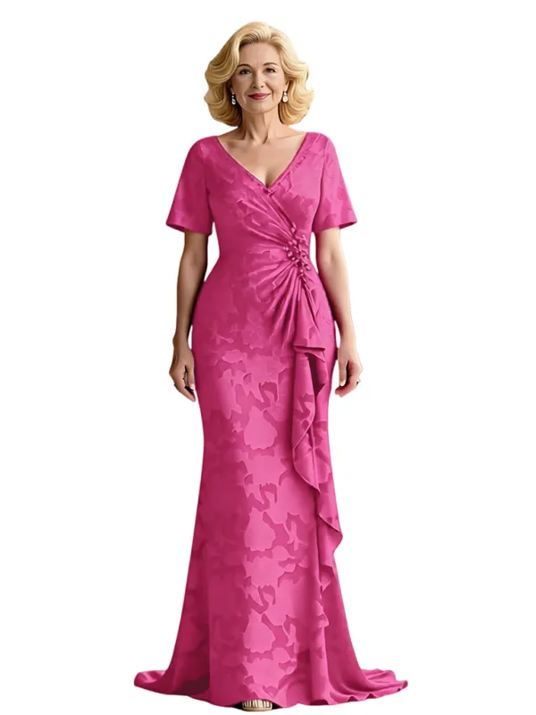 Elegant Floral Burnout Chiffon V-neck Short Sleeves Mermaid Long Mother of The Bride Dresses sold by ChicSew