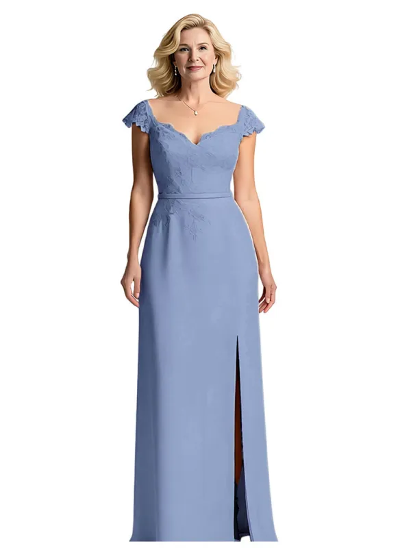 Elegant Chiffon V-neck Cap Sleeves A-line Mother of The Bride Dresses Side Slit sold by ChicSew