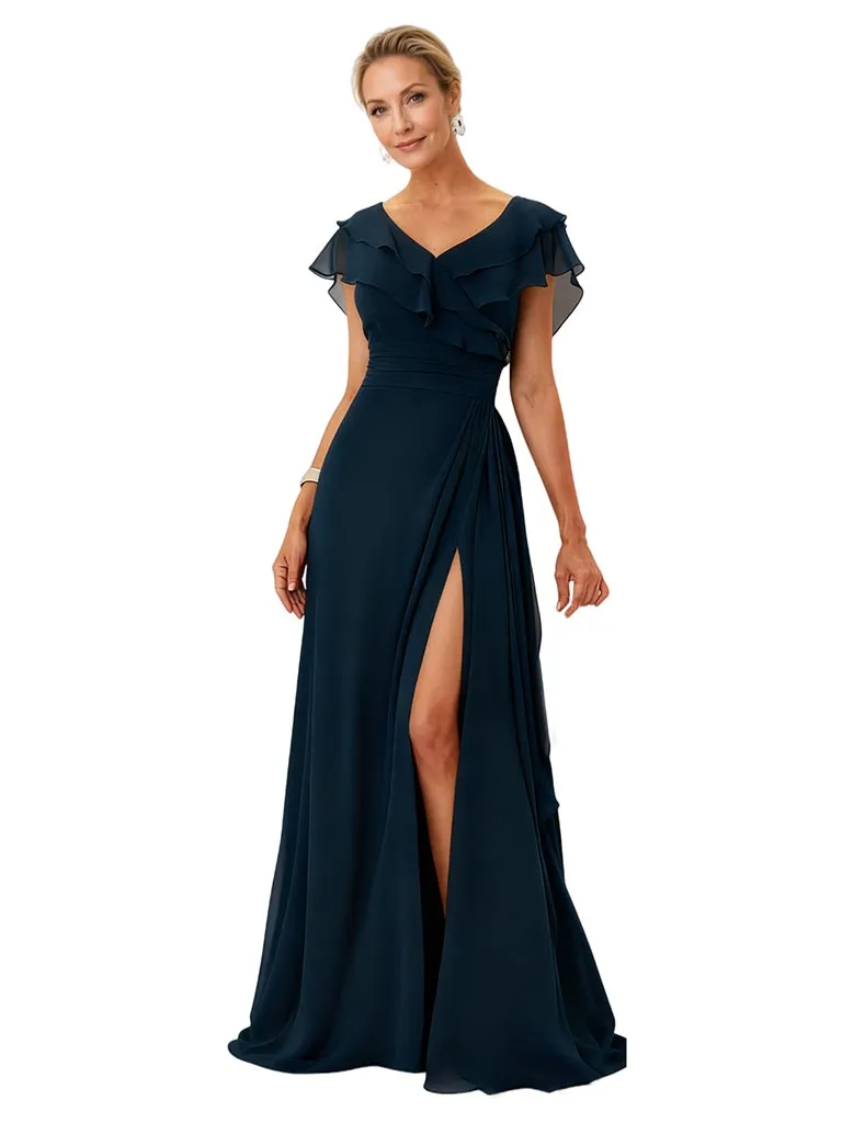 Elegant Short Sleeves V-Neck Chiffon Side Slit A-line Mother of The Bride Dresses sold by ChicSew