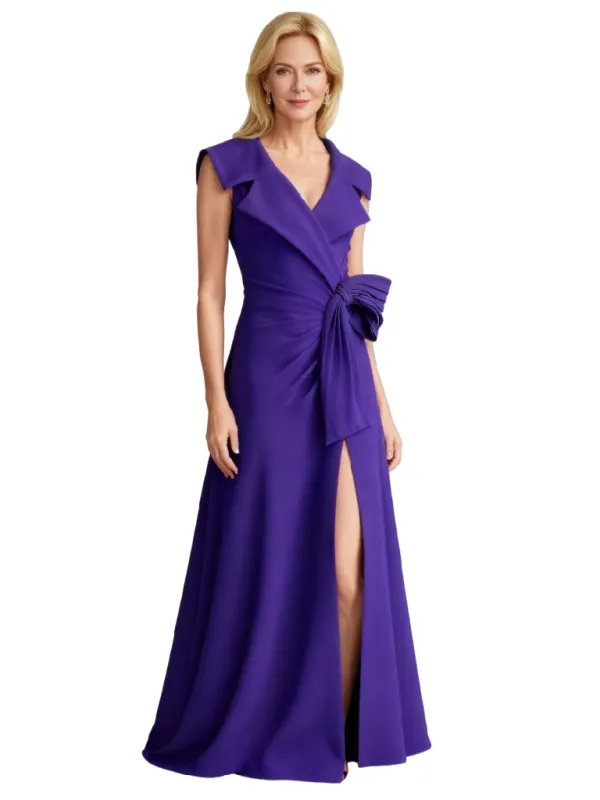 Elegant V-Neck Crepe A-Line Long Mother of the Brides Dresses Side Slit sold by ChicSew