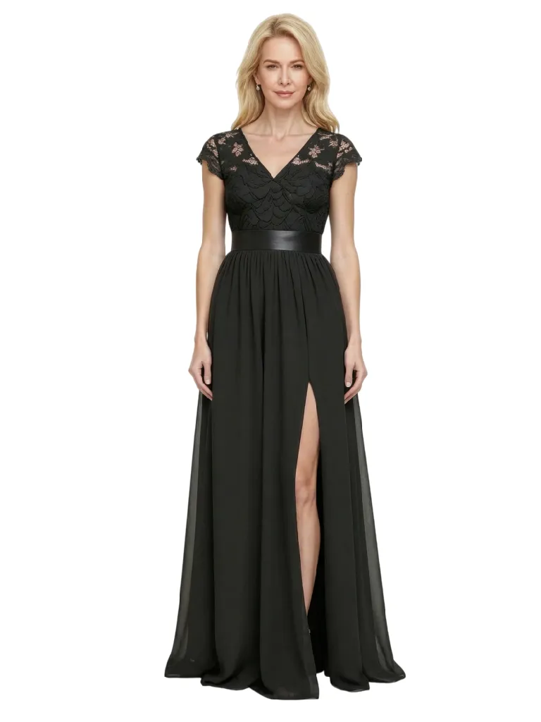Elegant Cap Sleeves V-Neck Lace Chiffon A-line Maxi Mother of The Bride Dresses sold by ChicSew