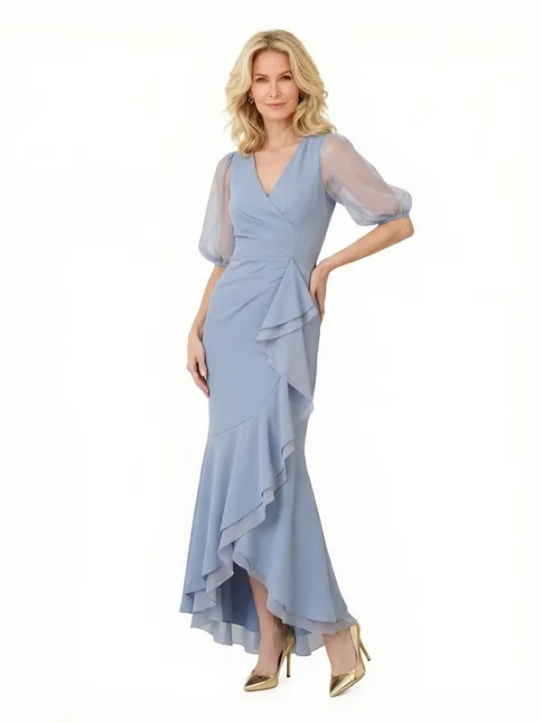 Modern Chiffon Puff Sleeves High Low Ruffle Mother of The Bride Dresses V-Neck sold by ChicSew
