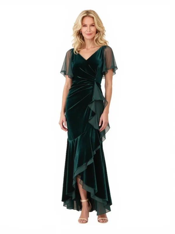 Elegant V-neck Flutter Sleeves Ruffles Velvet Mermaid Ankle-Length Mother Of The Bride Dresses sold by ChicSew