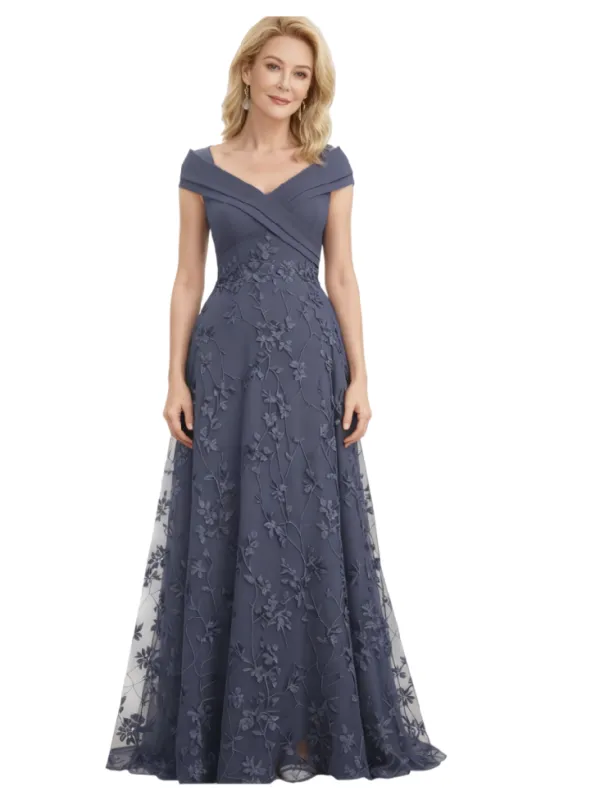 Elegant V-Neck Cap Sleeves Lace Chiffon A-line Mother of The Bride and Groom Dresses sold by ChicSew