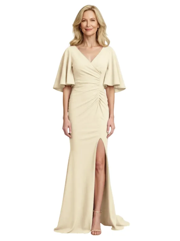 Elegant Flutter Sleeve V-Neck Crepe Mermaid Mother of the Brides Dresses Slit sold by ChicSew