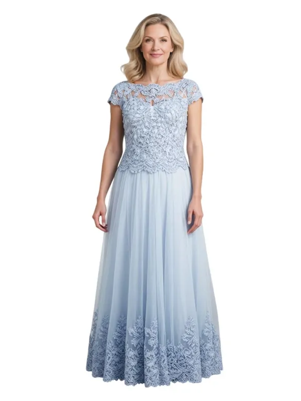 Elegant Tulle Lace Illusion Cap Sleeves A-line Mother of The Bride and Groom Dresses sold by ChicSew