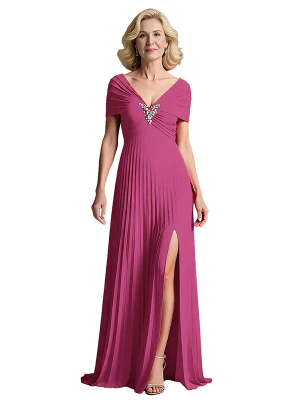 Elegant Pleated Chiffon Cap Sleeves A-line Mother of The Bride Dresses Side Slit sold by ChicSew