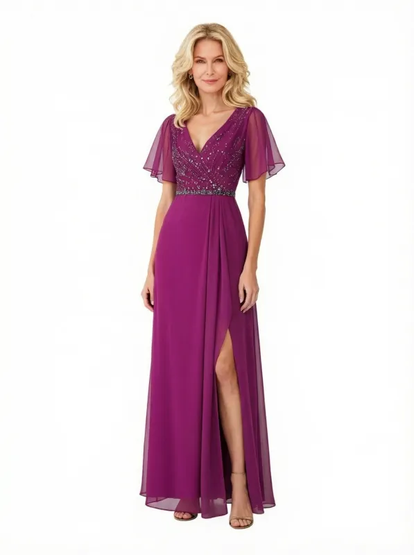 Elegant A-Line Chiffon Beaded Fultter Sleeves Long Mother Of The Bride Dresses Side Slit sold by ChicSew