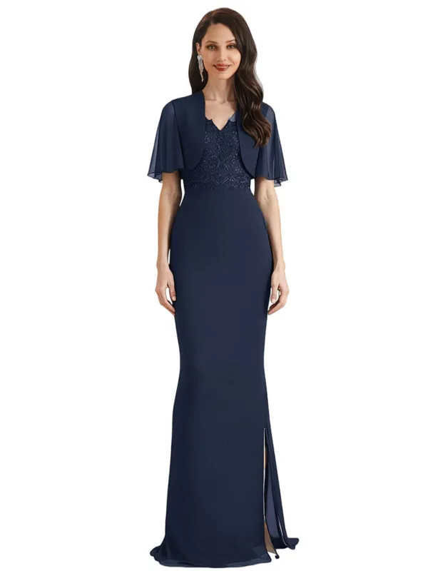 Elegant Chiffon V-neck Short Sleeves Mermaid Long Mother of The Bride Dresses and Jacket sold by ChicSew