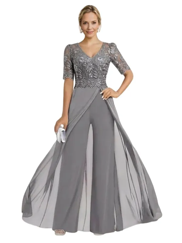 Elegant Chiffon Lace Half Sleeves Formal Pantsuit For Mother of The Bride sold by ChicSew