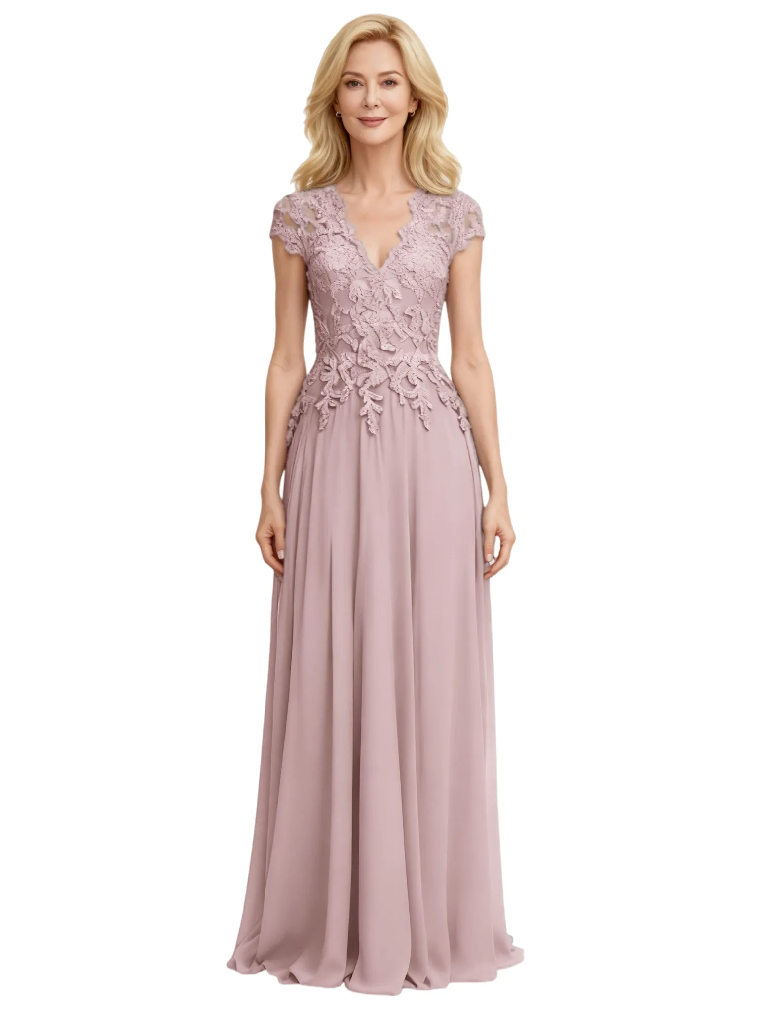 Trendy Chiffon V-Neck Cap Sleeves Lace Long Mother of The Bride Dresses sold by ChicSew