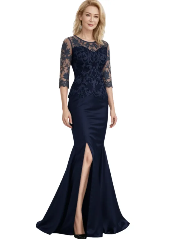 Elegant Half Sleeves Mermaid Lace Satin Floor-Length Mother of the Bride Dresses Side Slit sold by ChicSew