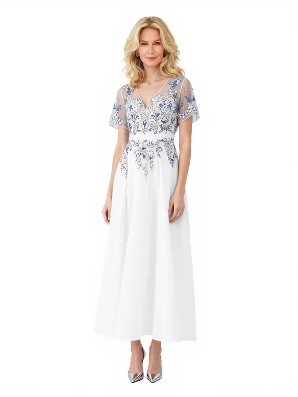 Elegant Chiffon Short Sleeves V-Neck A-Line Lace Ankle-Length Mother of The Bride Dresses sold by ChicSew