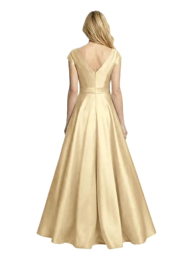 Elegant V-Neck Cap Sleeves A-line Ruched Satin Floor-Length Mother of the Bride Dresses sold by ChicSew product image thumbnail 2