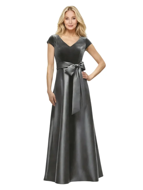 Elegant V-Neck Cap Sleeves Satin and Velvet A-line Long Mother of the Bride Dresses sold by ChicSew