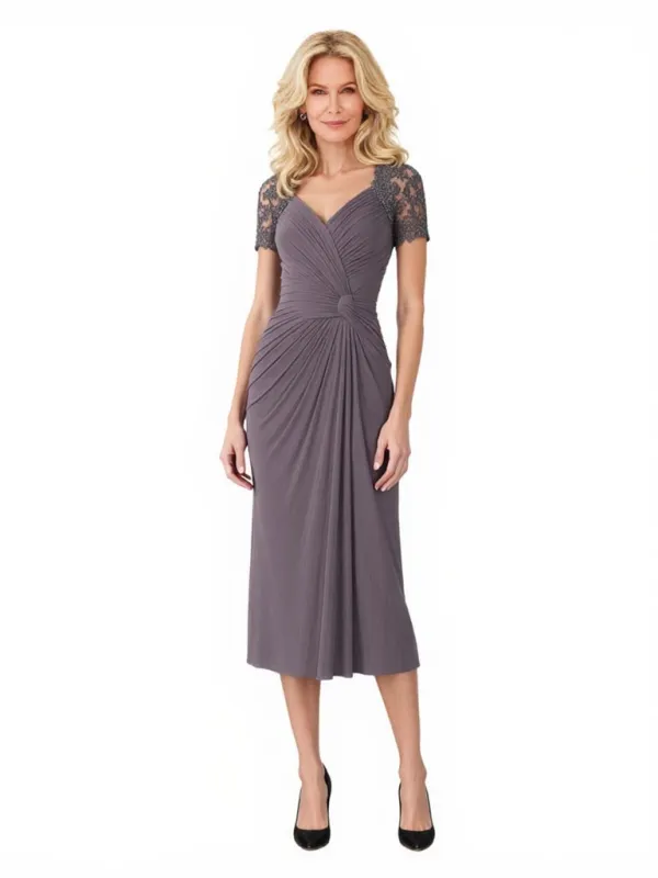 Elegant Chiffon V-Neck Short Sleeves Lace Ruched Midi Mother of The Bride Dresses sold by ChicSew