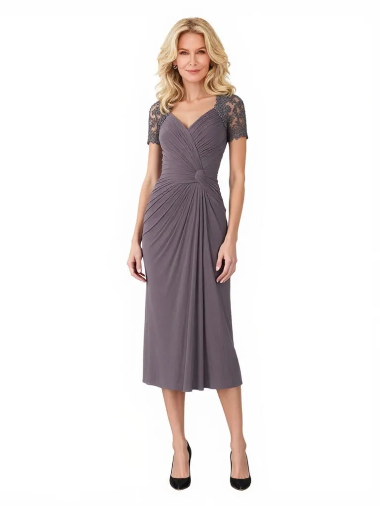 Elegant Chiffon V-Neck Short Sleeves Lace Ruched Midi Mother of The Bride Dresses sold by ChicSew