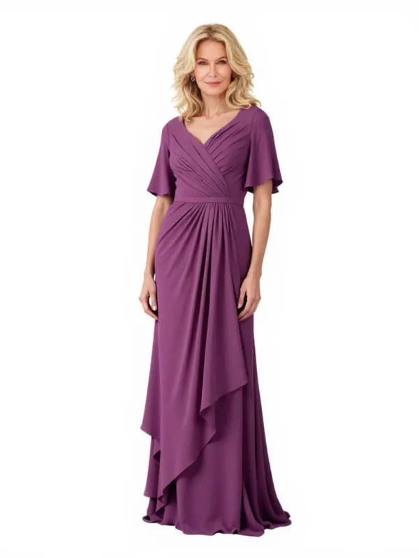 Elegant Chiffon V-Neck Half Sleeves Ruffle Long Mother of The Bride and Groom Dresses sold by ChicSew