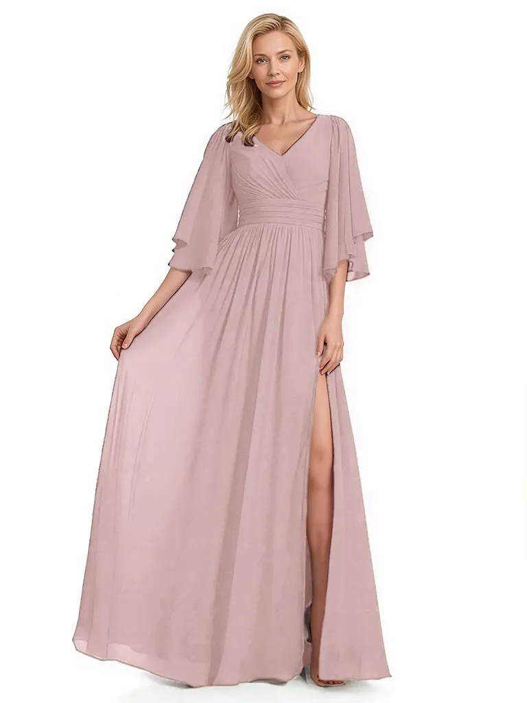 Elegant Half Sleeves Chiffon Side Slit A-Line Mother Of The Bride Dresses sold by ChicSew