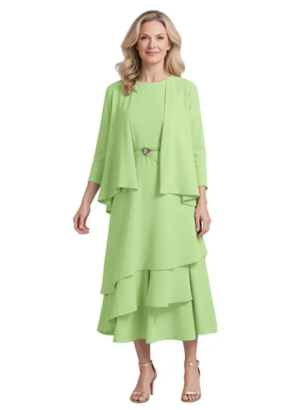 Elegant 3/4 Sleeves Chiffon A-Line Tea Length Mother Of The Bride Dresses With Jacket sold by ChicSew