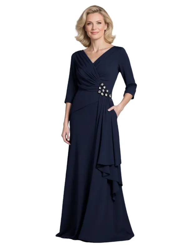 Elegant 3/4 Sleeves V-Neck A-Line Crepe Long Mother of The Bride and Groom Dresses sold by ChicSew