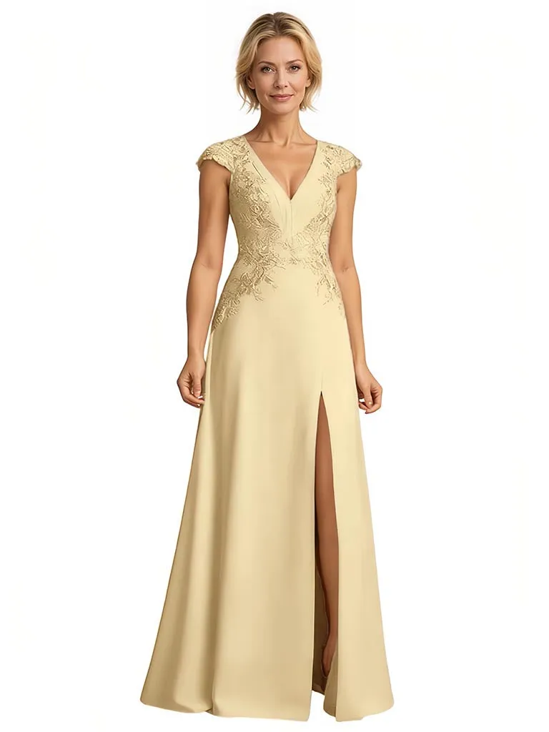 Elegant Side Slit A-Line V-Neck Soft Satin Cap Sleeves Long Mother of the Brides Dresses sold by ChicSew