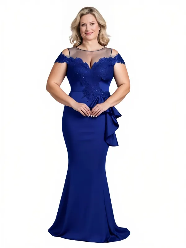 Elegant Mermaid Illusion Cap Sleeves Crepe Lace Long Mother of the Brides and Groom Dresses sold by ChicSew