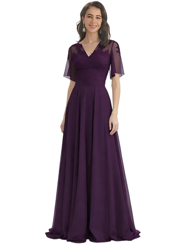 Elegant A-line V-neck Chiffon Flutter Sleeves Mother of the Brides Dresses sold by ChicSew