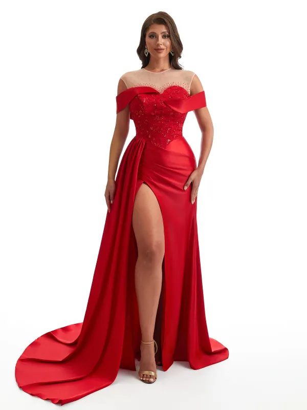 Sexy Off The Shoulder Illusion Side Slit Mermaid Satin Ruched Unique Long Bridesmaid Dresses sold by ChicSew
